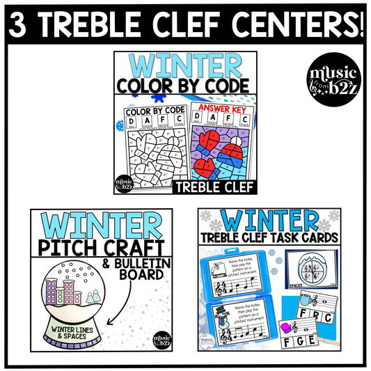 Winter Music Centers BUNDLE Winter Treble Clef Worksheets Music Games Sub Plans