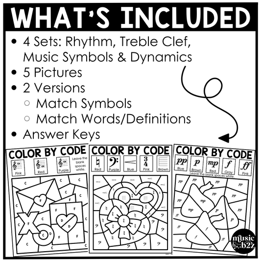 Valentine's Day Music Coloring Page BUNDLE Color by Note Music Worksheets