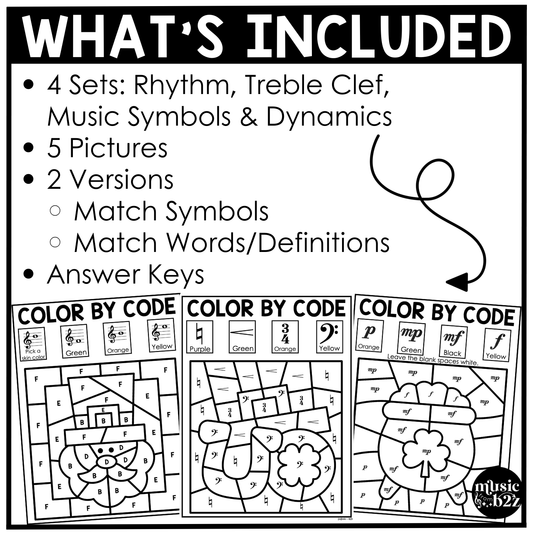 St. Patrick's Day Music Coloring Page BUNDLE Color by Note Music Worksheets