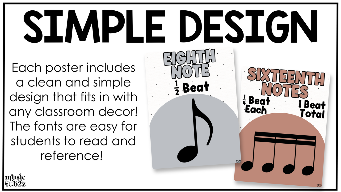 Neutral Note Value Posters Rhythm Durations Elementary Music Classroom Decor