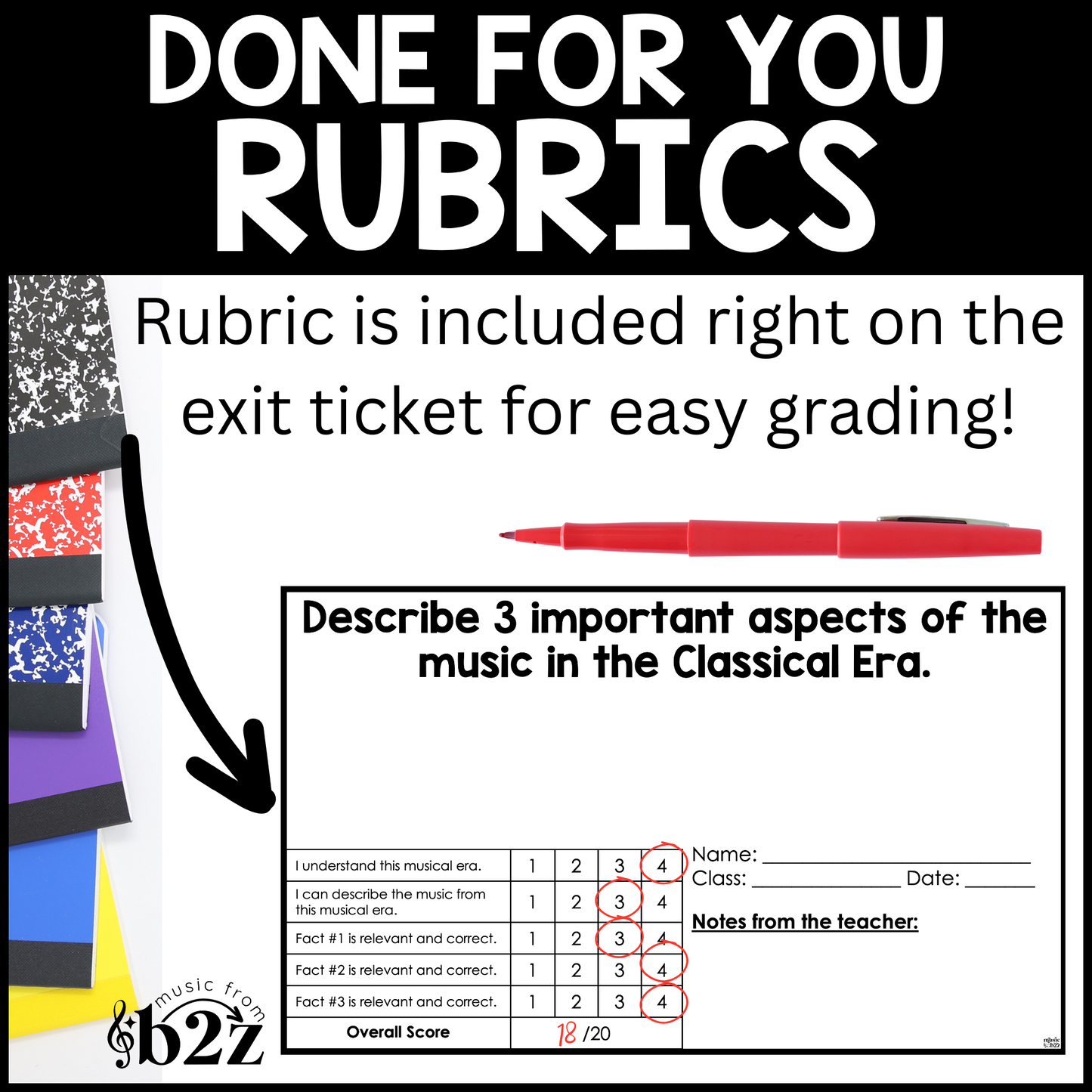 Classical Music Era Exit Tickets & Rubrics Editable Elementary Music Assessment