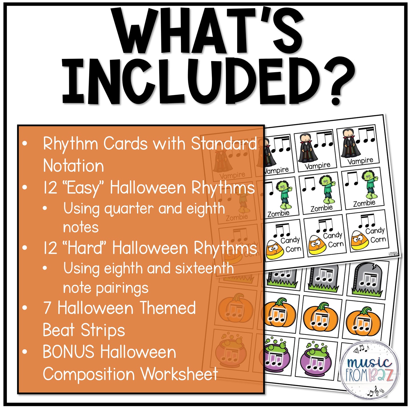 Halloween Music Rhythm Cards & Beat Strips Activities Composition Centers Games