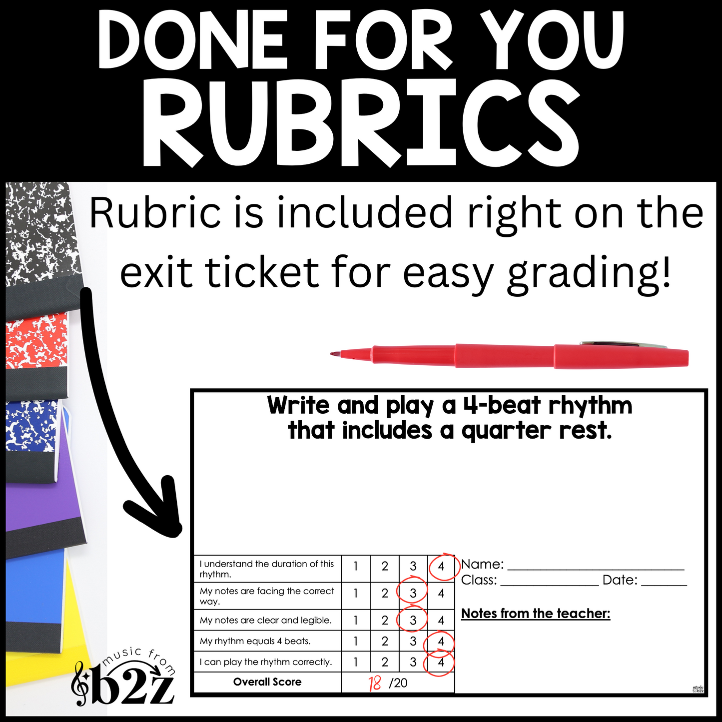 Quarter Rest Exit Tickets & Rubrics Editable Elementary Music Rhythm Assessment