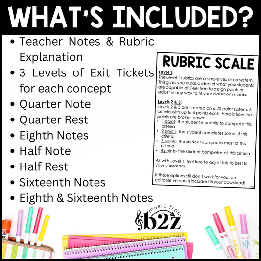 Rhythm Exit Tickets BUNDLE Rubrics Editable Elementary Music Assessment