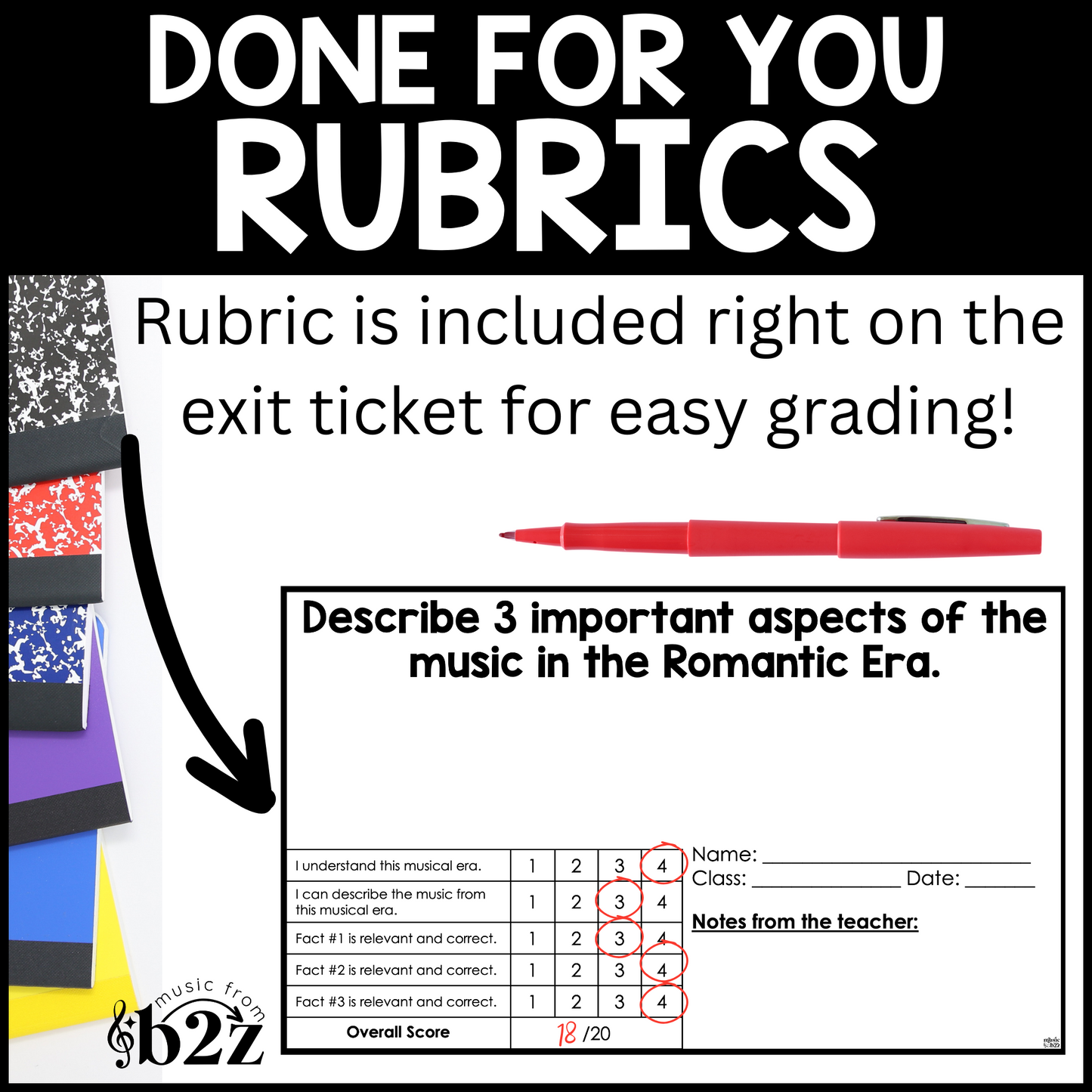 Romantic Musical Era Exit Tickets & Rubrics Editable Elementary Music Assessment