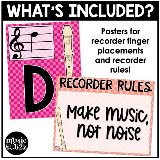 Recorder Fingering & Rules Posters Elementary Music Classroom Decor Checkered