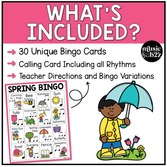 Spring Music Bingo Game Activities for Quarter & Eighth Notes Centers Rhythm