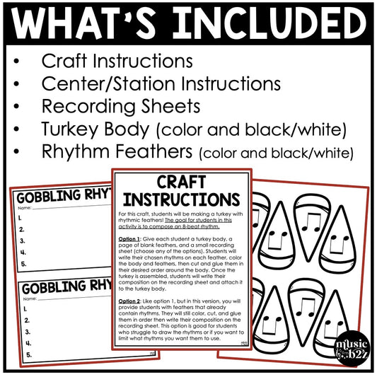 Thanksgiving Music Rhythm Turkey Craft Elementary Music Centers Activities