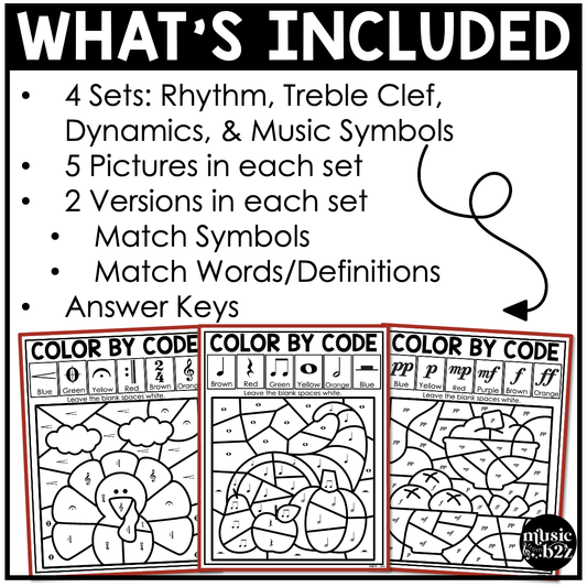 Thanksgiving Music Coloring BUNDLE Color by Note Thanksgiving Music Worksheets