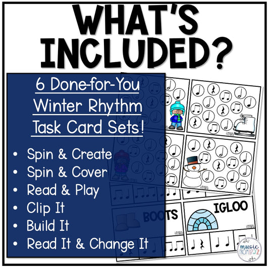 Winter Music Task Cards - Music Rhythm Worksheet - January Music Lesson