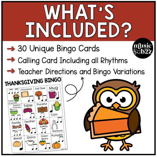 Thanksgiving Music Bingo Game Activities for Quarter & Eighth Notes Centers