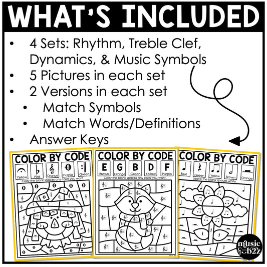 Fall Music Coloring BUNDLE Color by Note Fall Music Worksheets Color by Rhythm