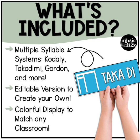 Rhythm Syllable Cards EDITABLE - Elementary Music Bulletin Board Posters