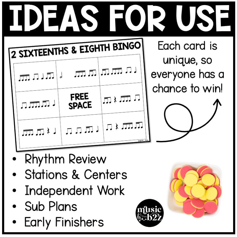 2 Sixteenth & Eighth Notes Rhythm Bingo Game Elementary Music Centers Sub Plan