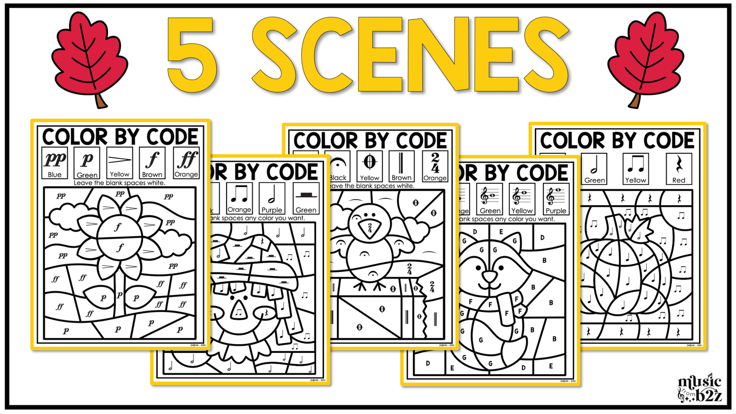 Fall Music Coloring BUNDLE Color by Note Fall Music Worksheets Color by Rhythm