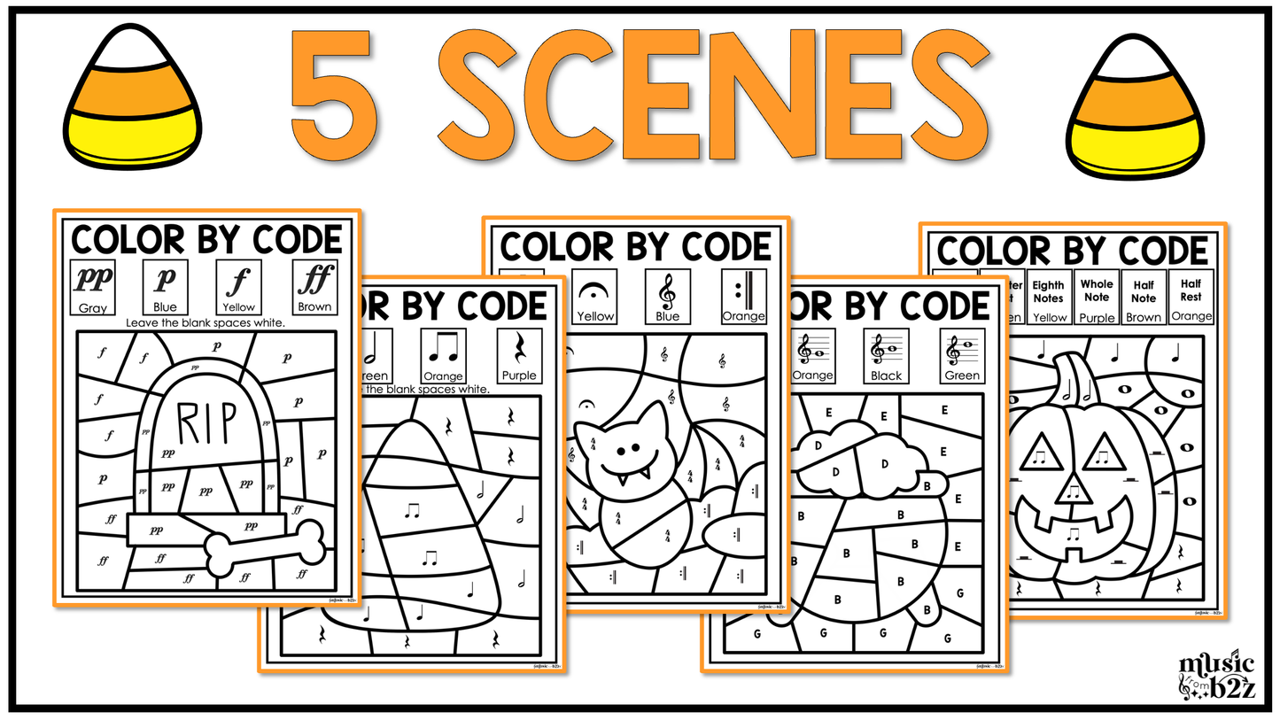 Halloween Music Coloring BUNDLE Color by Note Halloween Music Worksheets