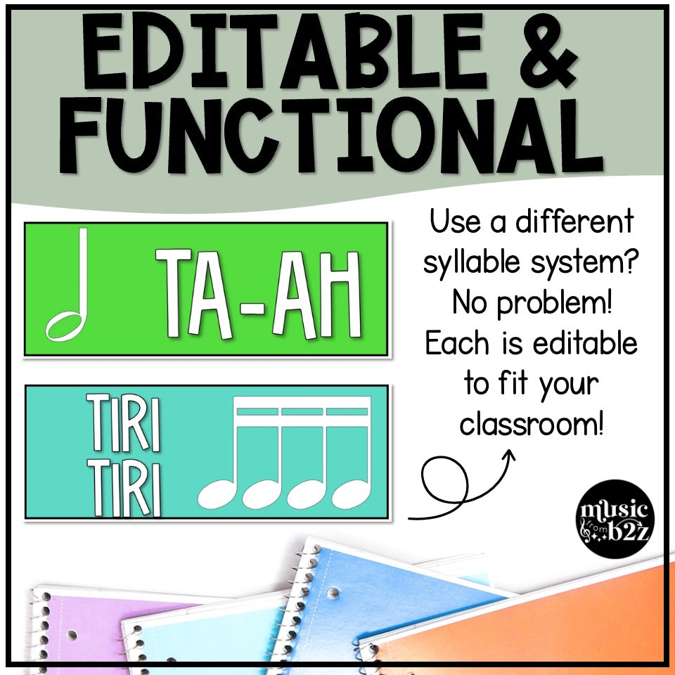 Rhythm Syllable Cards EDITABLE - Elementary Music Bulletin Board Posters
