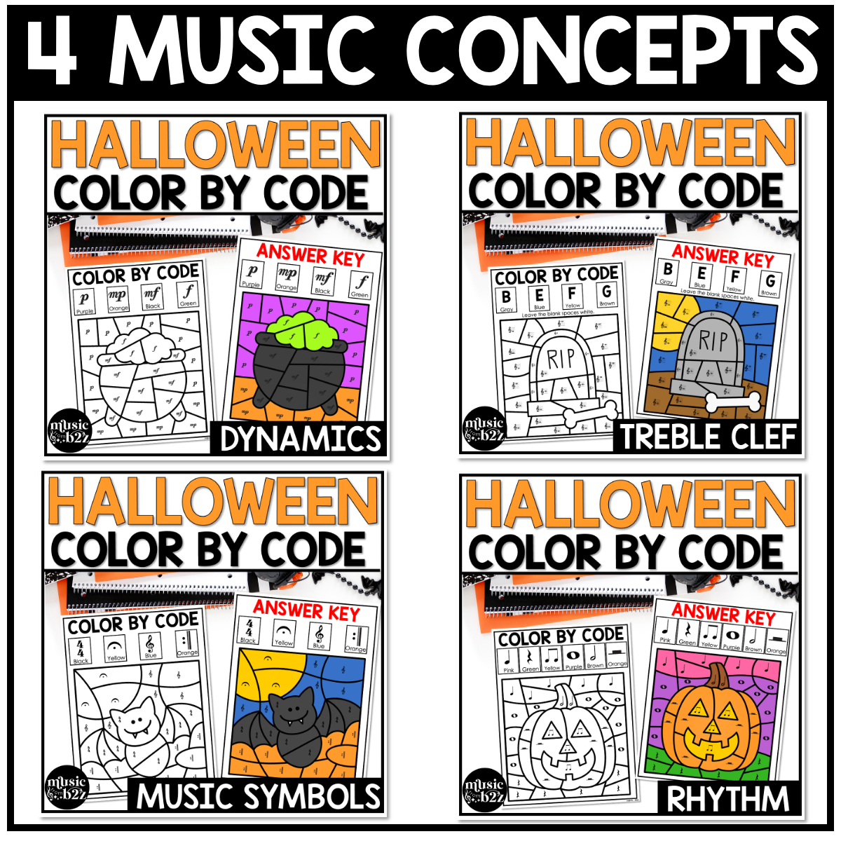 Halloween Music Coloring BUNDLE Color by Note Halloween Music Worksheets