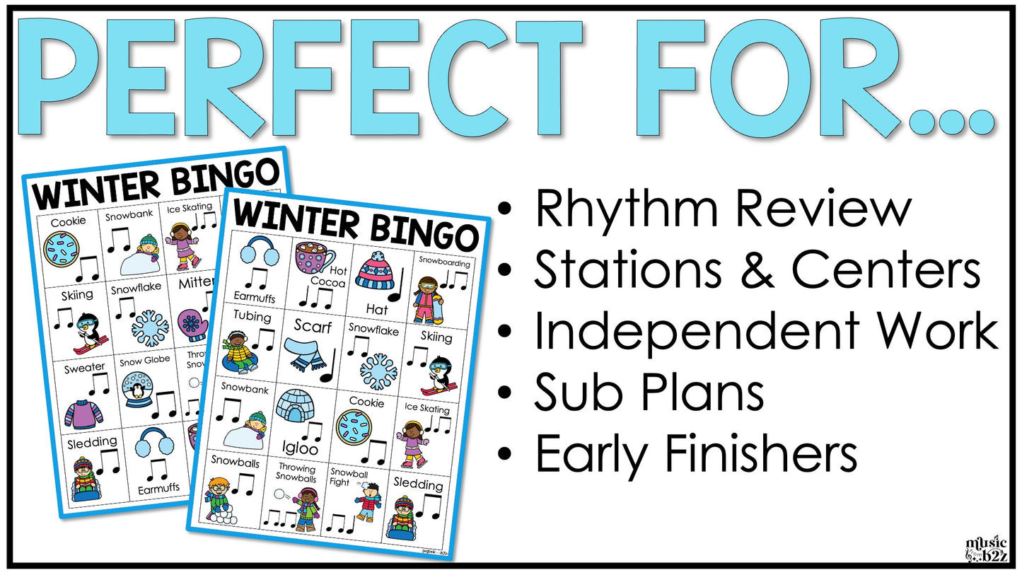 Winter Music Bingo Game Activities for Quarter & Eighth Notes Centers Sub Plans