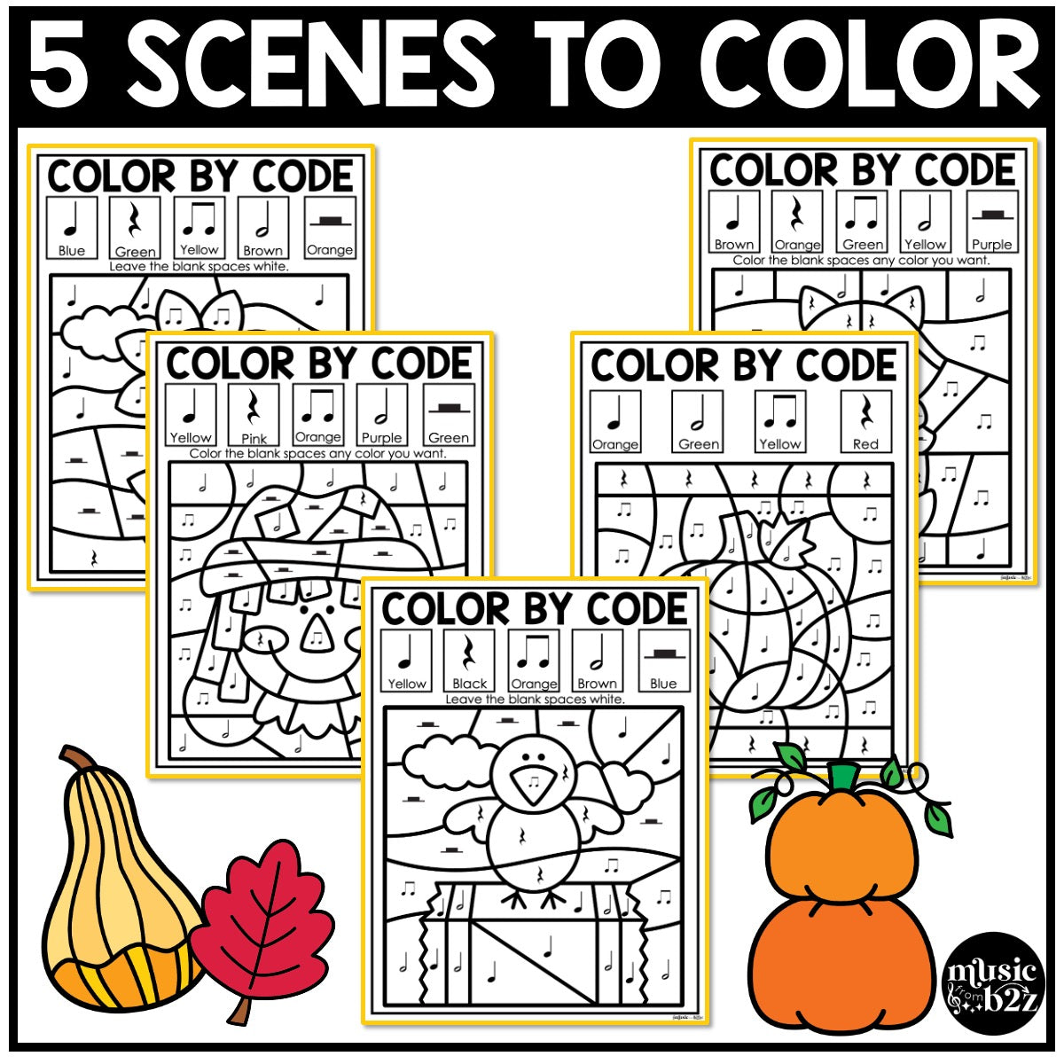 Fall Music Coloring Color by Rhythm Fall Music Worksheets Music Color by Note