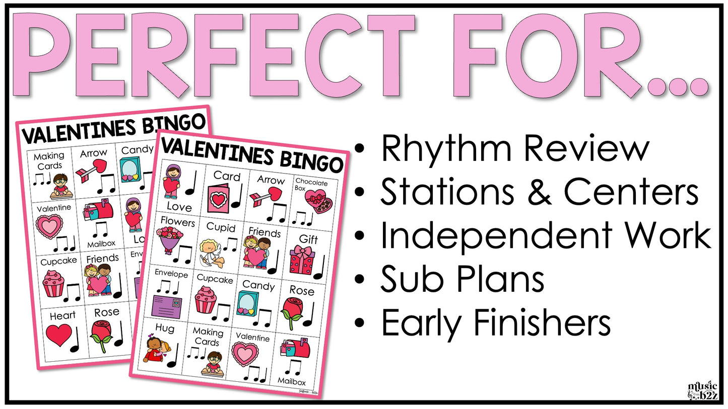 Valentines Day Music Bingo Game Activities for Quarter & Eighth Notes Centers