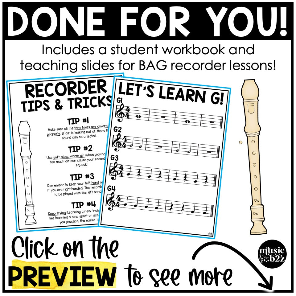BAG Recorder Unit Elementary Music Curriculum Lesson Activity Worksheets Games