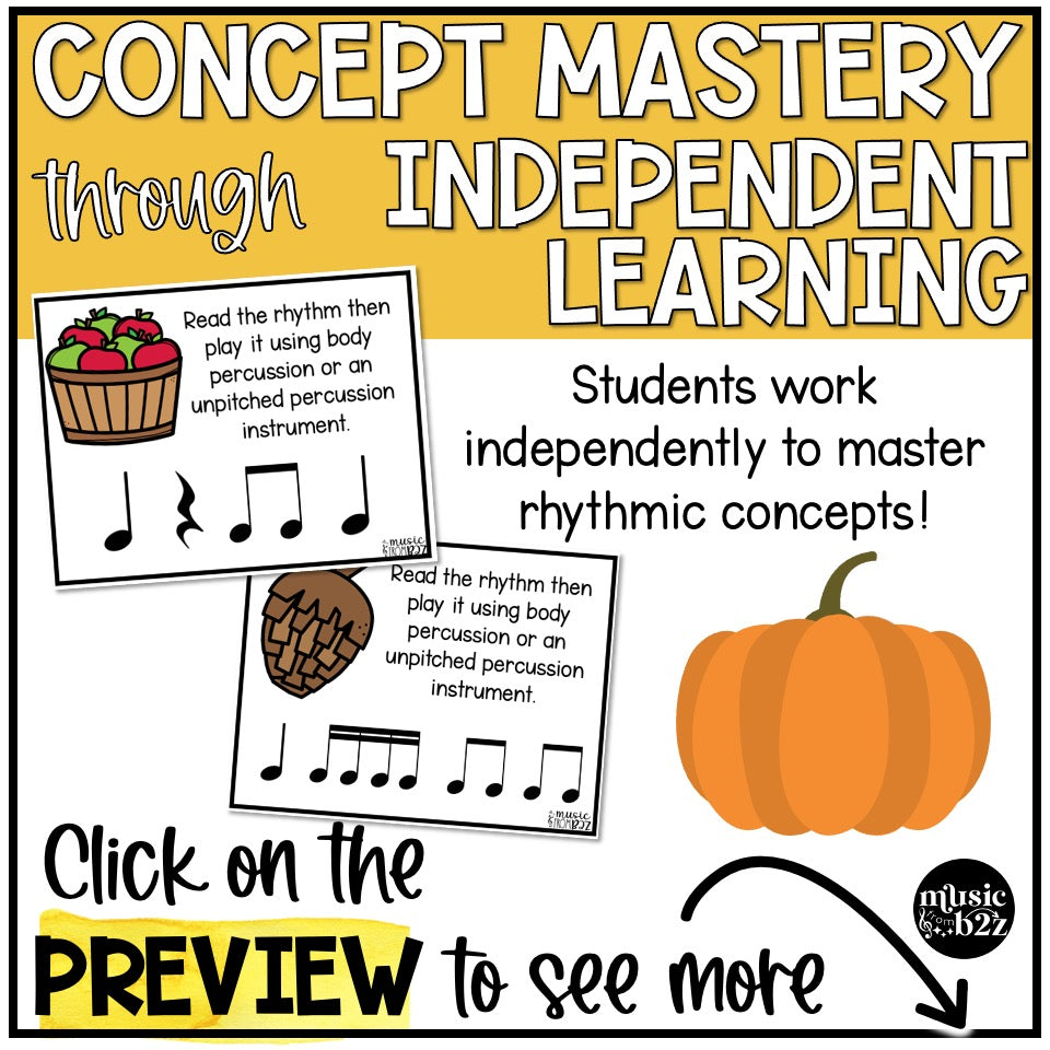 Fall Rhythm Task Cards Elementary Music Centers Lessons & Activities for Autumn