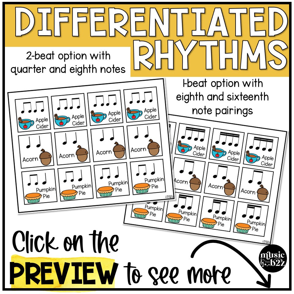 Fall Elementary Music Composition Rhythm Cards Worksheets & Beat Strips Autumn