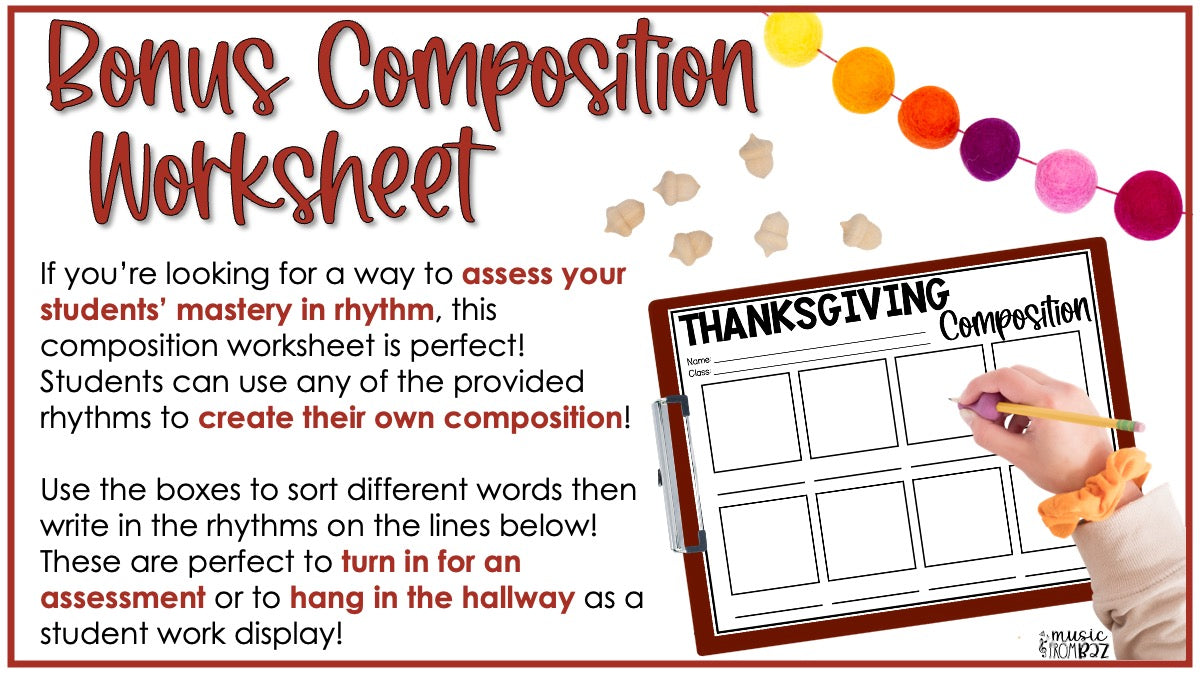 Thanksgiving Elementary Music Composition Rhythm Cards Worksheets & Beat Strips