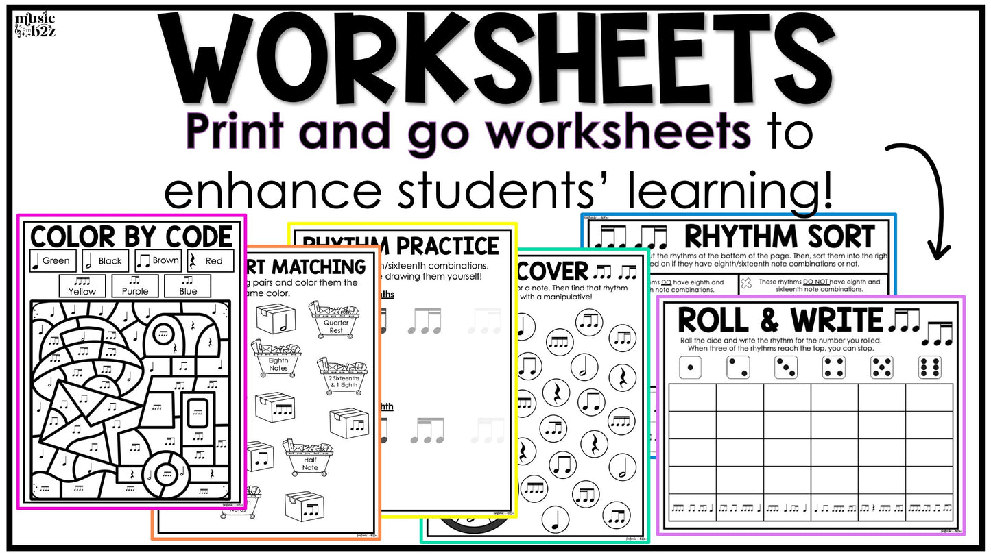 Eighth & Sixteenth Note Unit Elementary Music Lesson Activity Worksheets Games