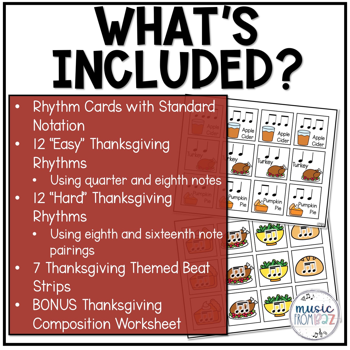 Thanksgiving Elementary Music Composition Rhythm Cards Worksheets & Beat Strips