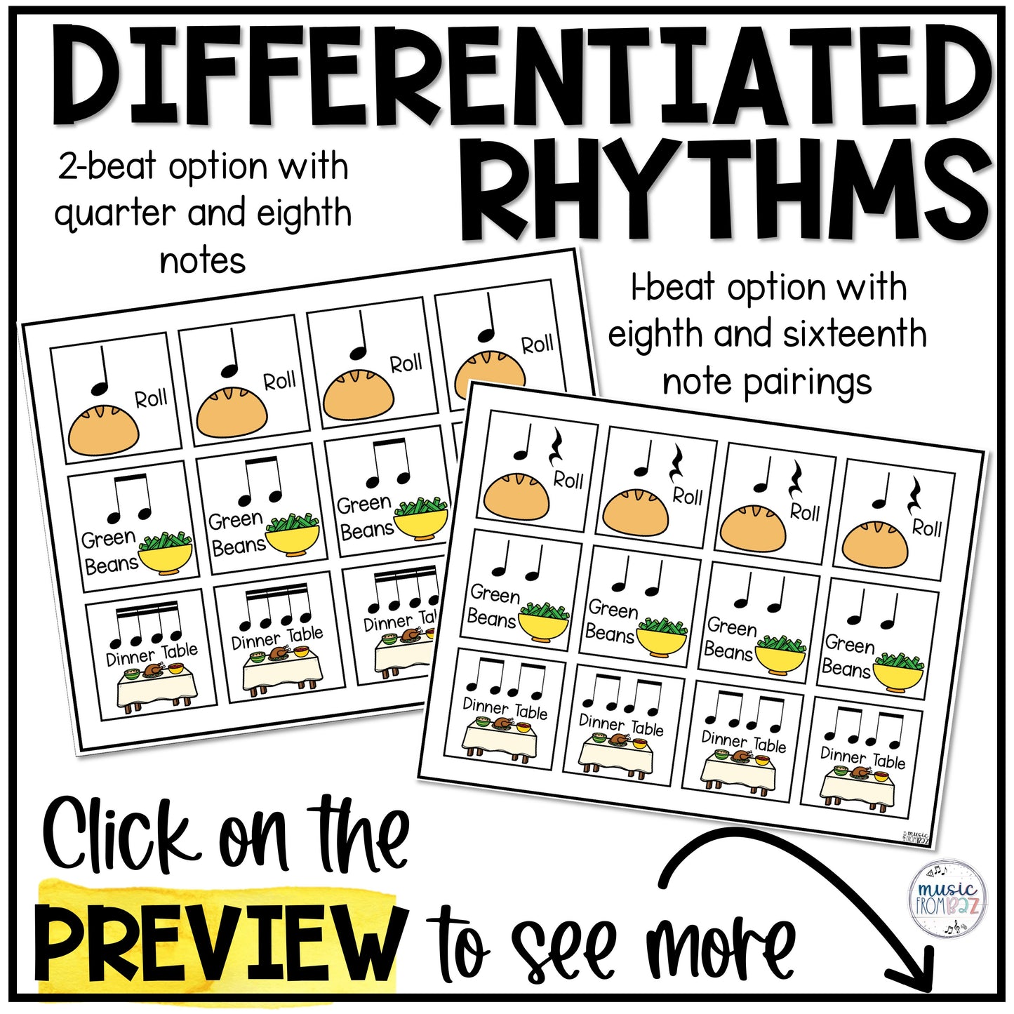 Thanksgiving Elementary Music Composition Rhythm Cards Worksheets & Beat Strips
