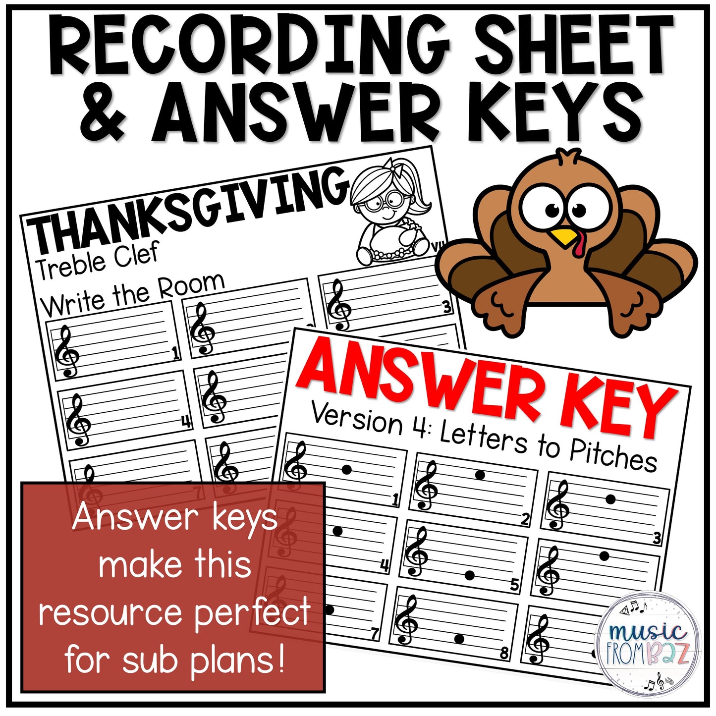 Thanksgiving Treble Clef Notes Music Write the Room Game & Turkey Scavenger Hunt
