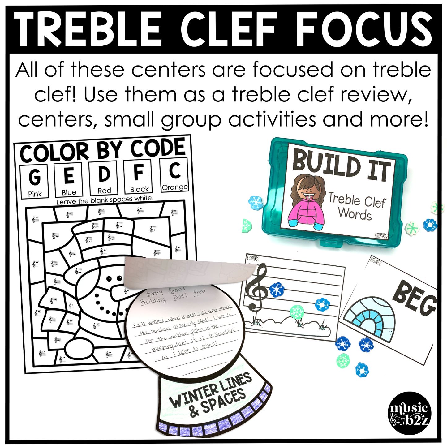 Winter Music Centers BUNDLE Winter Treble Clef Worksheets Music Games Sub Plans