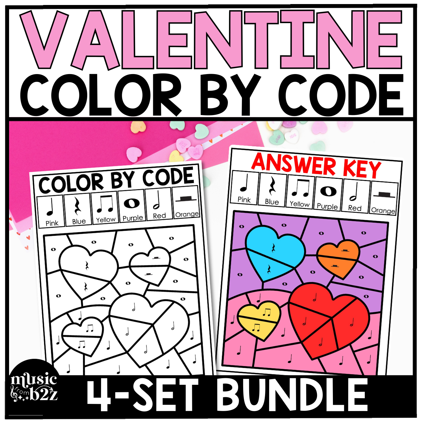 Valentine's Day Music Coloring Page BUNDLE Color by Note Music Worksheets