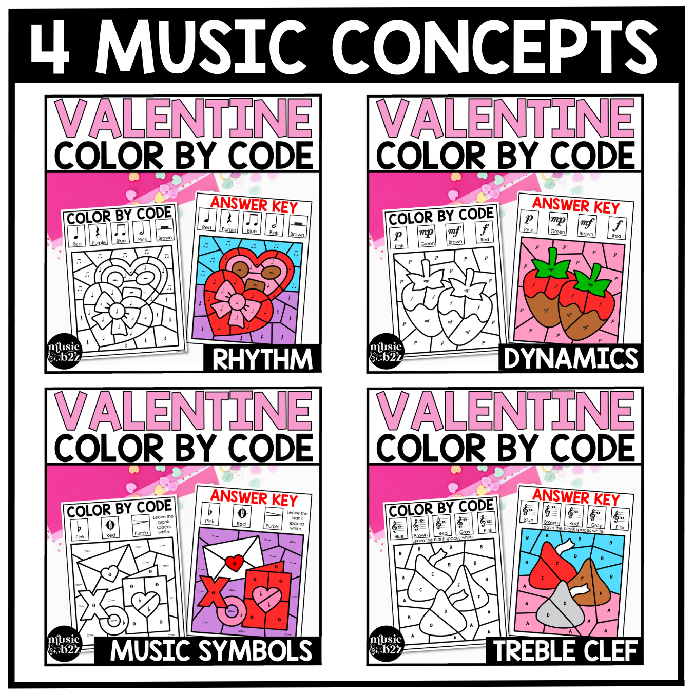 Valentine's Day Music Coloring Page BUNDLE Color by Note Music Worksheets
