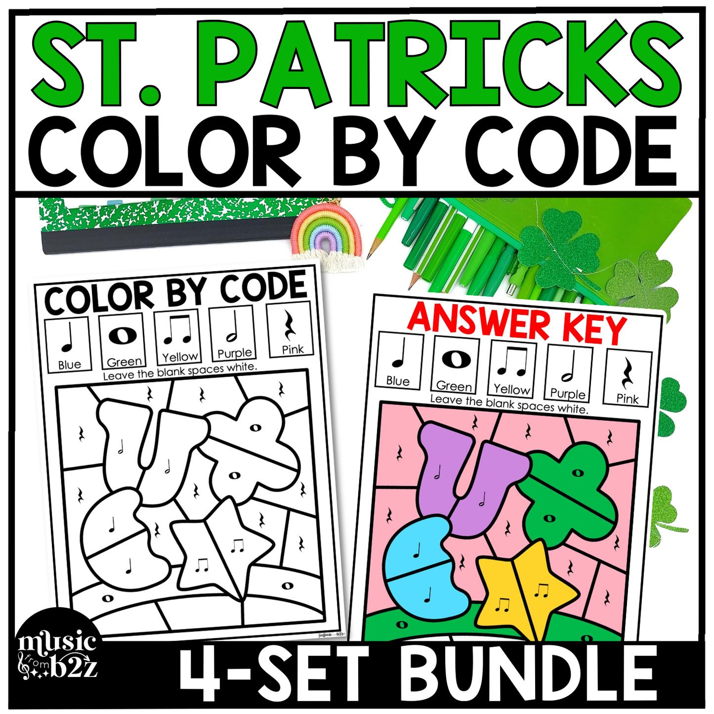 St. Patrick's Day Music Coloring Page BUNDLE Color by Note Music Worksheets