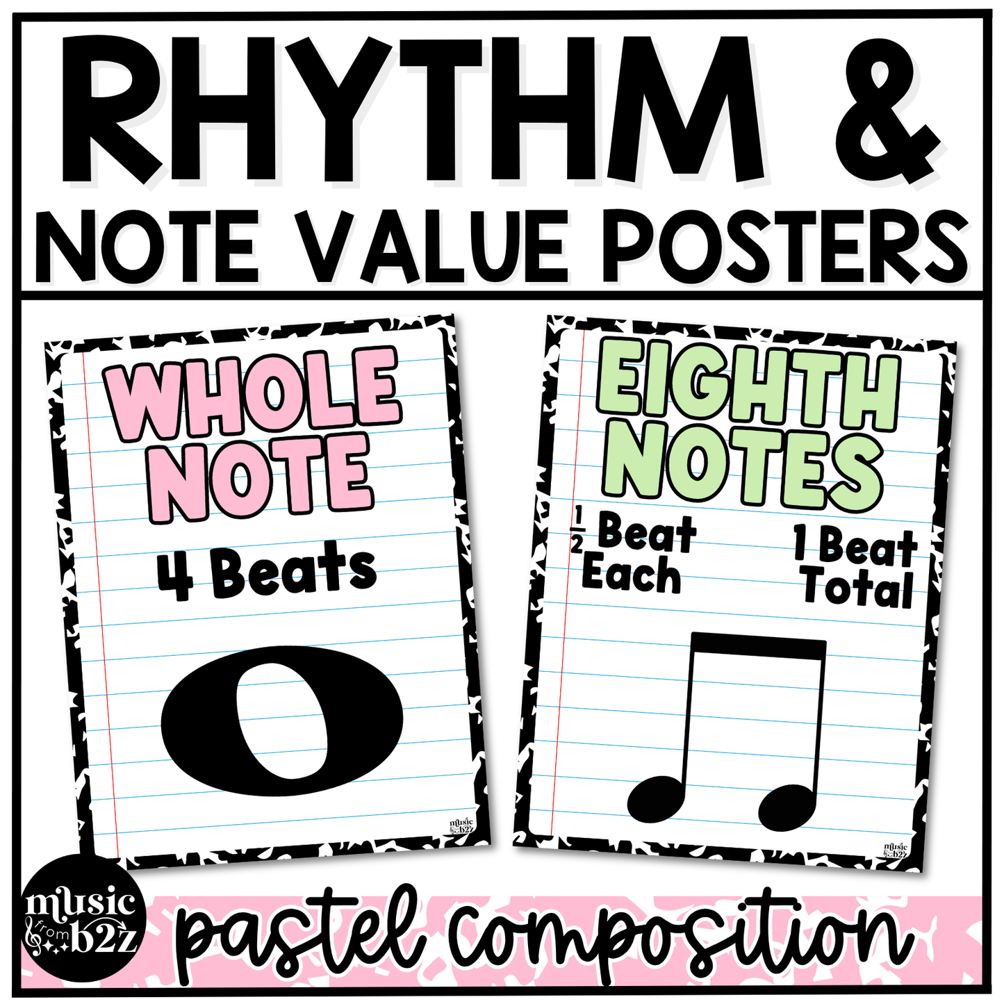 Pastel Composition Note Value Posters Rhythm Durations Elementary Music Classroom Decor