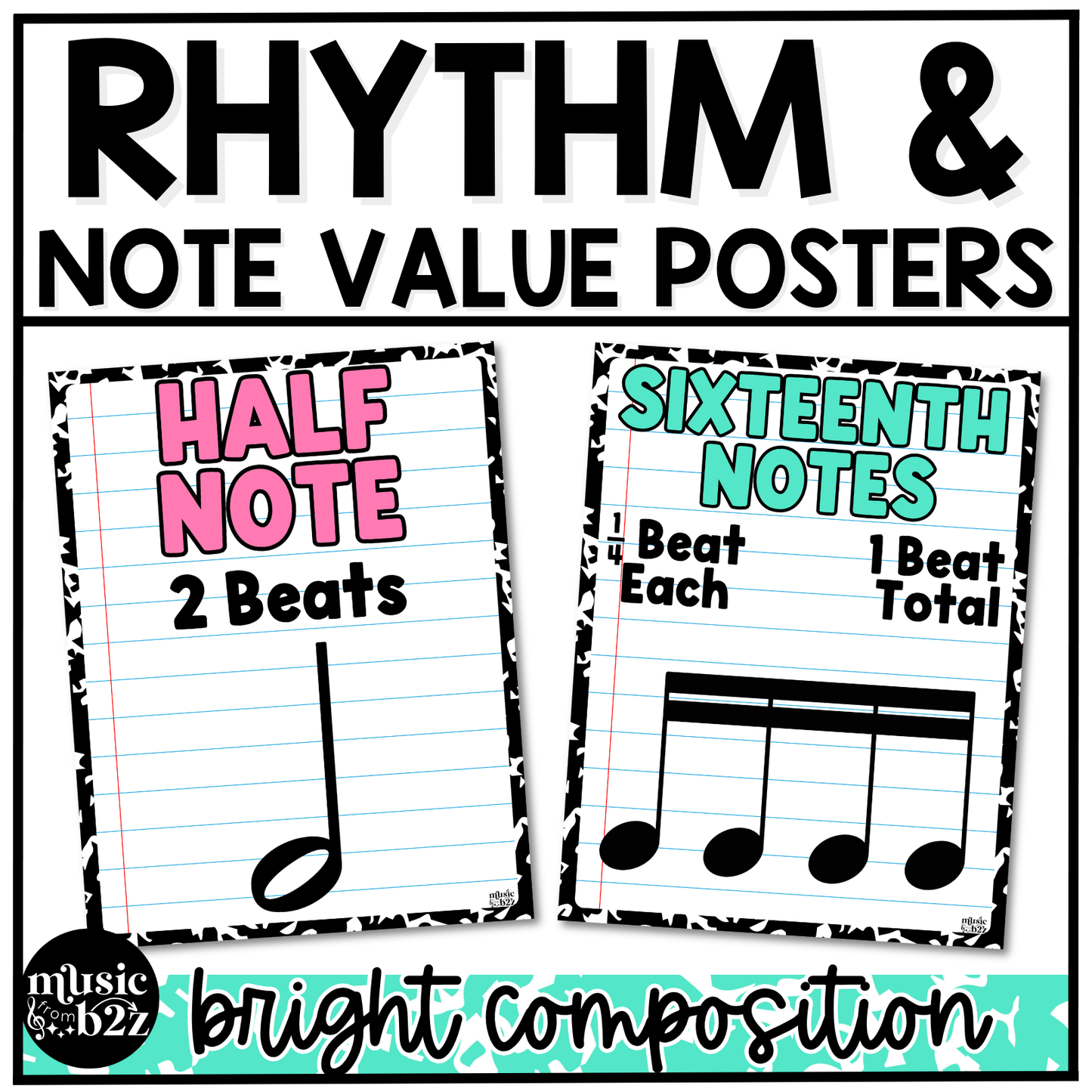 Bright Composition Note Value Posters Rhythm Durations Elementary Music Classroom Decor