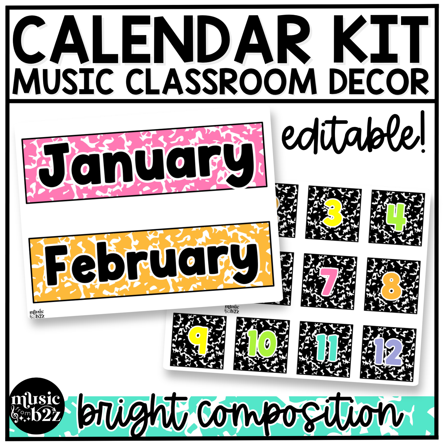 Bright Composition Notebook Calendar Editable Elementary Music Classroom Decor