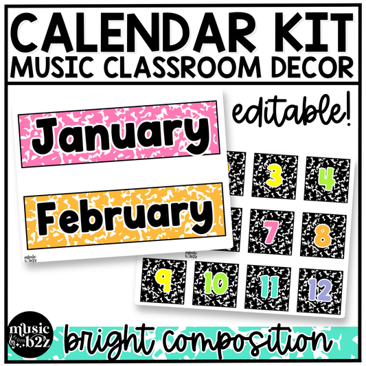 Bright Composition Notebook Calendar Editable Elementary Music Classroom Decor