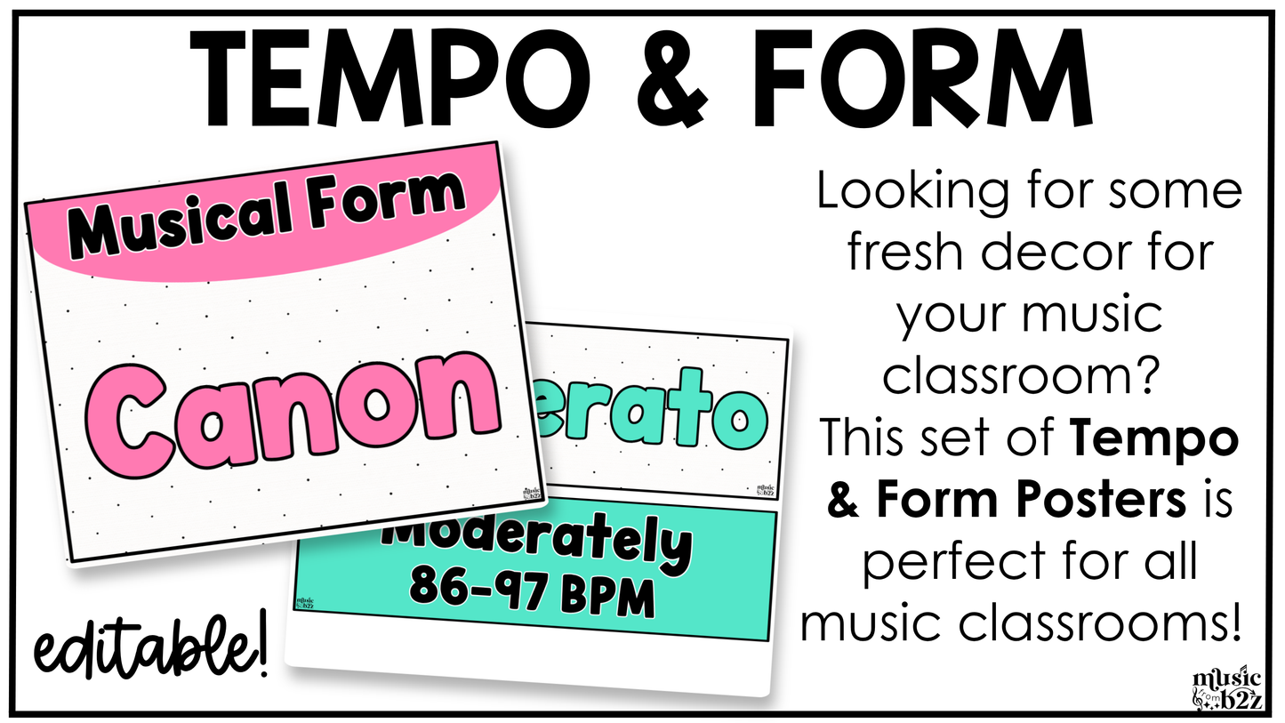 Bright Music Tempo & Form Posters Elementary Music Classroom Decor Editable