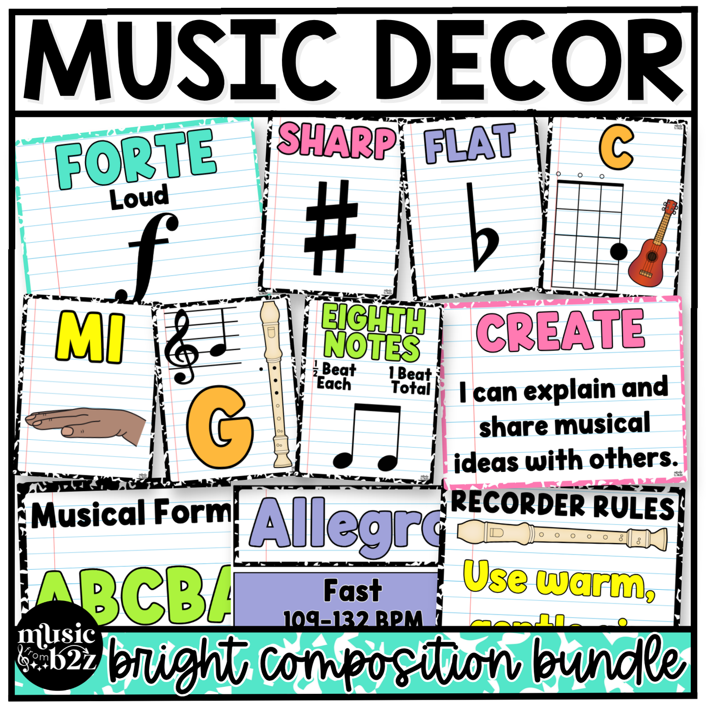 Bright Composition Music Classroom Decor BUNDLE Music Posters Bulletin Board