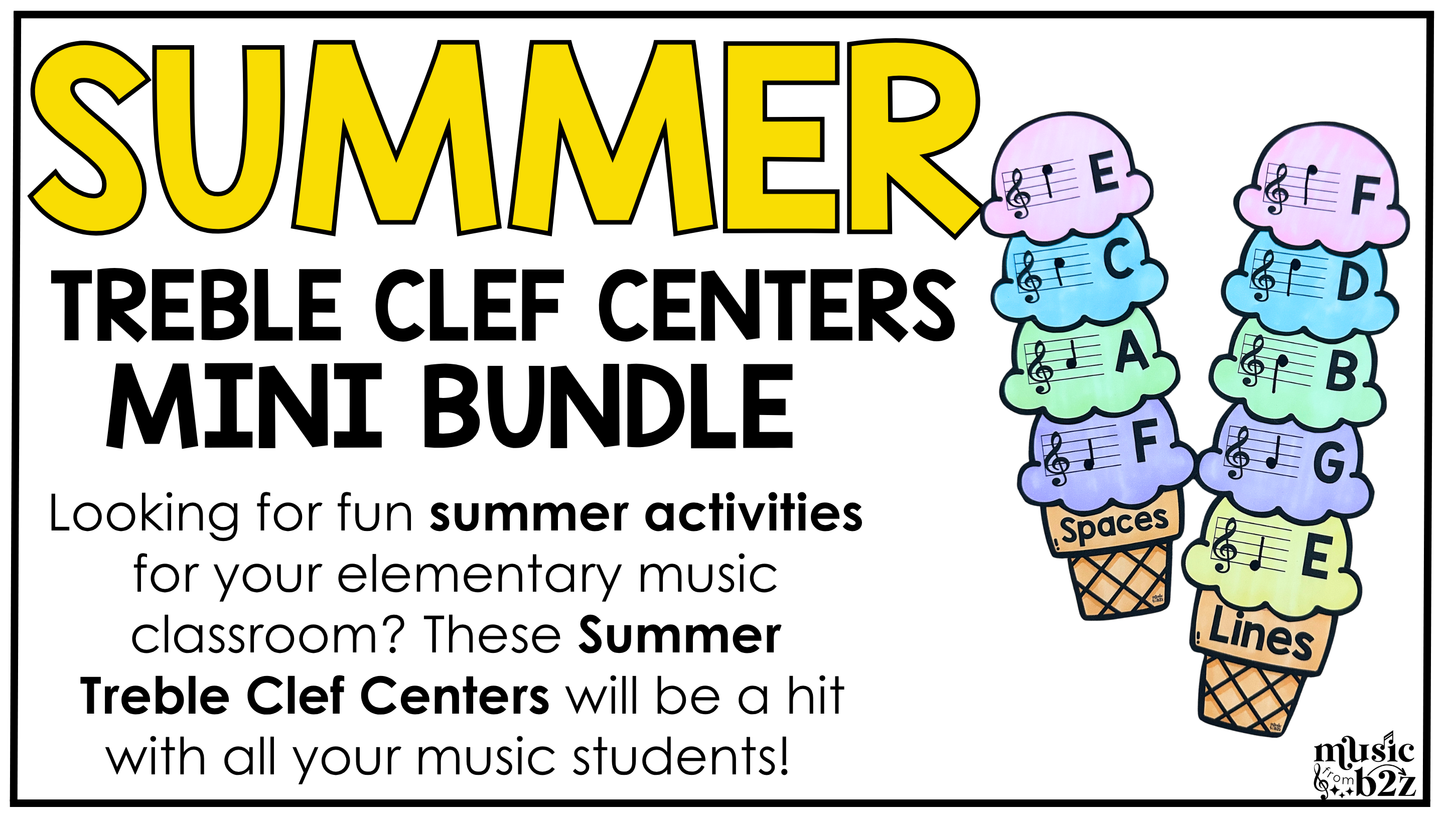Summer Music Centers BUNDLE Summer Treble Clef Worksheets Music Games Sub Plans