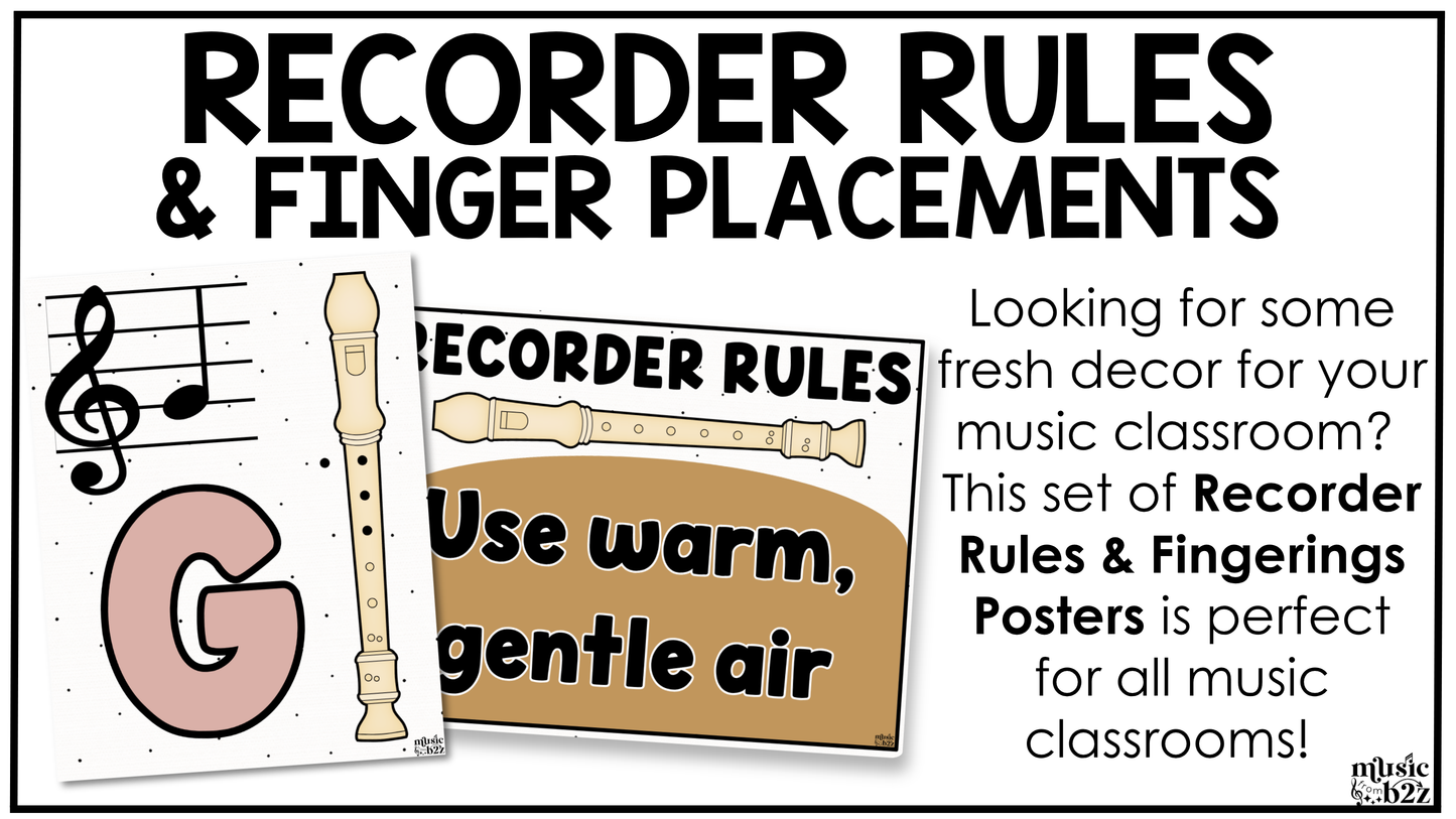 Neutral Recorder Fingering Charts & Rules Posters Music Classroom Decor