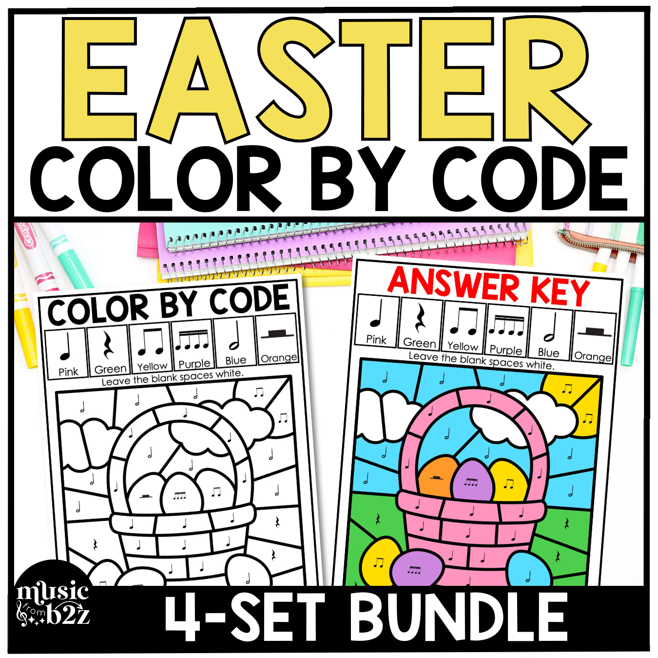 Easter Music Coloring Page BUNDLE Color by Note Spring Music Worksheets