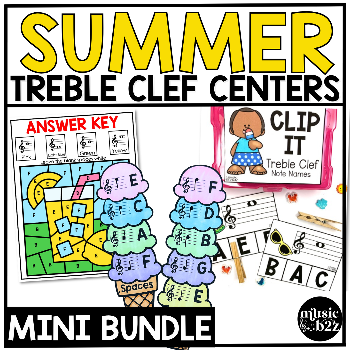 Summer Music Centers BUNDLE Summer Treble Clef Worksheets Music Games Sub Plans