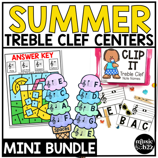 Summer Music Centers BUNDLE Summer Treble Clef Worksheets Music Games Sub Plans