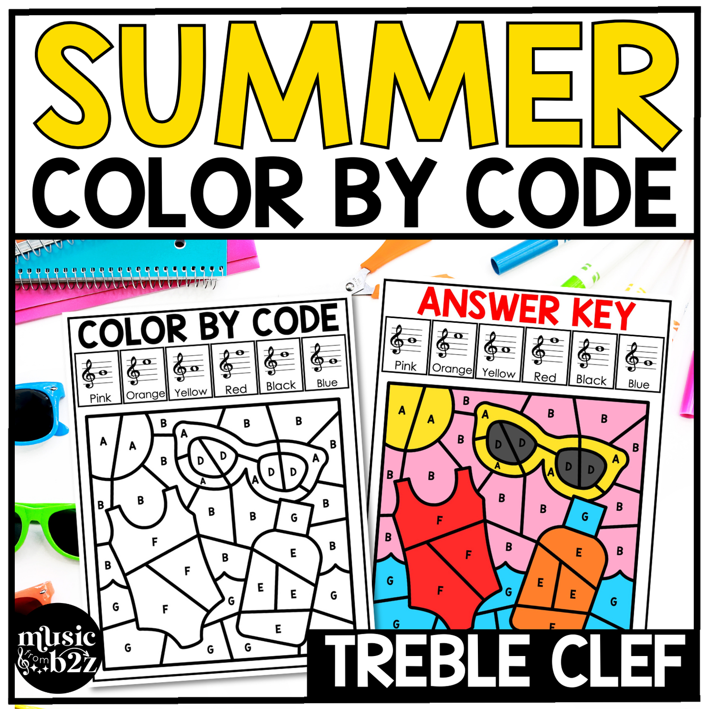 Summer Music Coloring Pages Color by Note Summer Music Worksheets Treble Clef