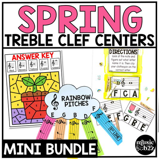 Spring Music Centers BUNDLE Spring Treble Clef Worksheets Music Games Sub Plans